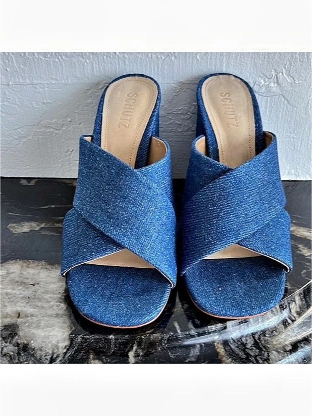 Schutz Callie Blue Denim Block Heel Sandal Blue US 8 - Picture 3 of 8